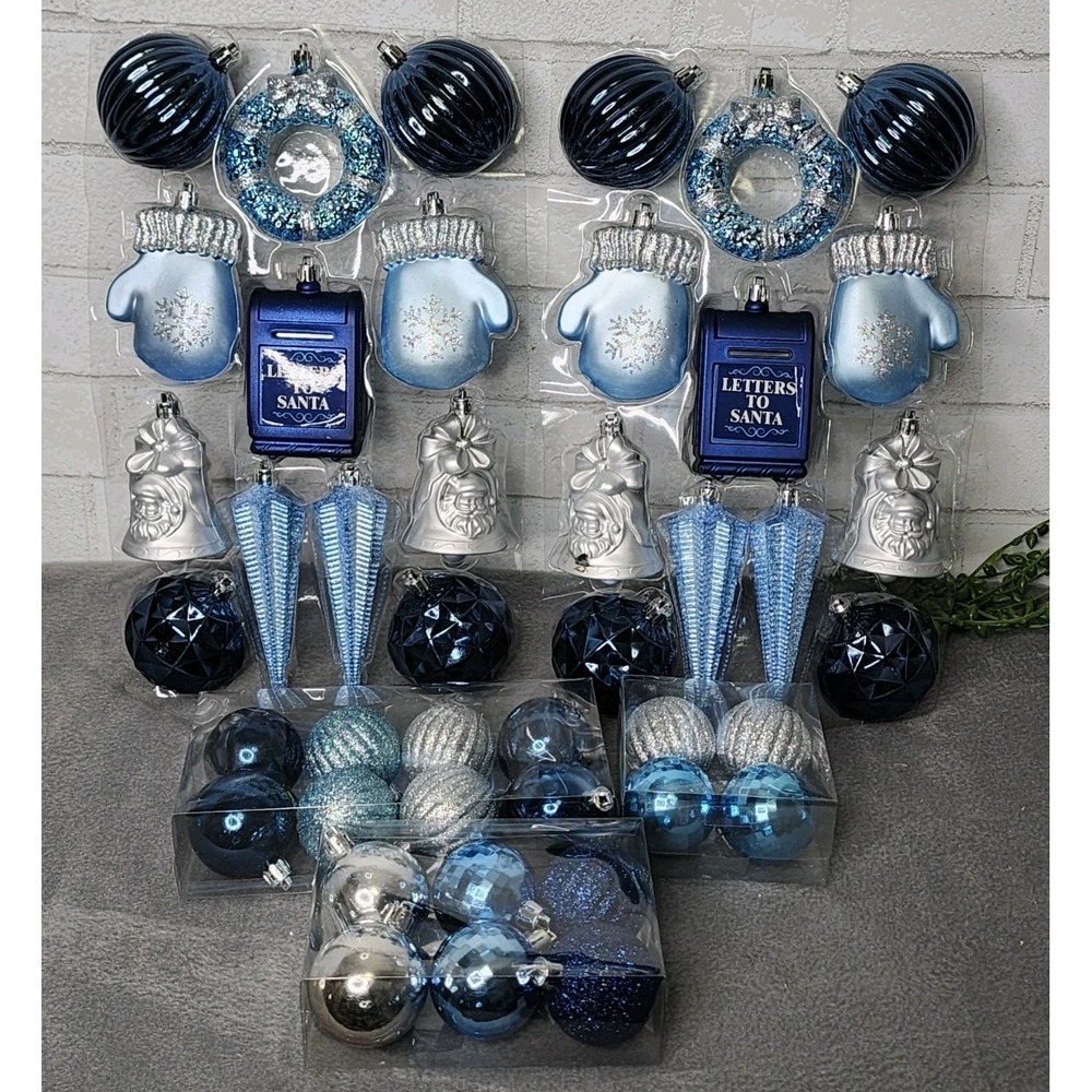 42 Christmas Coastal Blue Silver‎ Glitter Ornaments Santa Wreath Mittens Decor